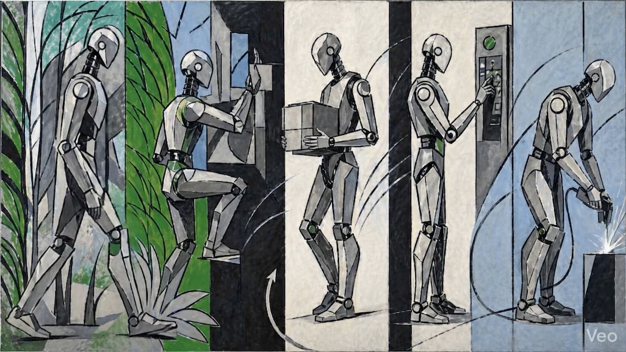 Illustrated robots working across physical tasks